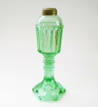 Antique Whale Oil Lamp C.  1930s Vaseline Green Pressedglass Intricate Engraving