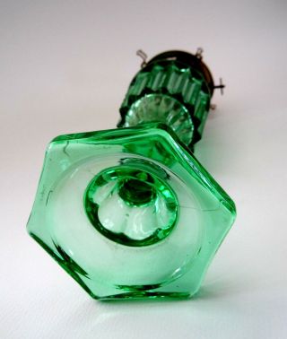 Antique Whale Oil Lamp c.  1930s Vaseline Green PressedGlass Intricate Engraving 3