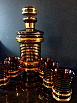 Manhattan Mid Century Gold Gilded Gold Horizontal Lines Czech Glass Decanter Set