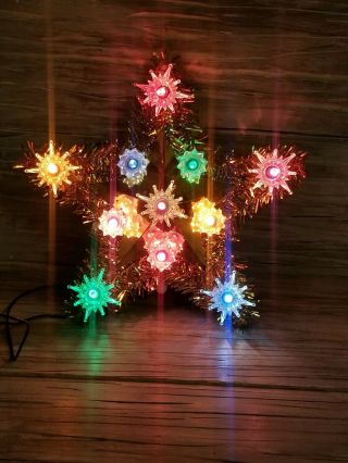 Vtg Slow Blink Light Up Star Christmas Tree Topper 8 " Gold Tinsel Foil Holiday
