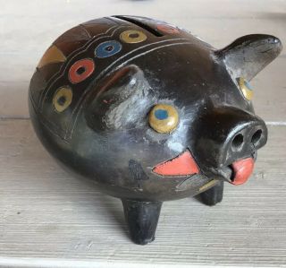 Oaxacan Piggy Bank Folk Art Painted Vintage Black Pottery Mexico Pig Ethnic