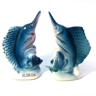 Vintage Blue Marlin Salt And Pepper Shakers Florida Kitsch Sail Fish Souvenir