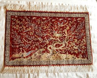 Vintage Silk Rug With Traditional Tree And Birds Design - 37 " X 24 "