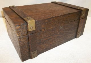 Antique Arts & Crafts Mission Oak Humidor Tin Lined Strapped Box Chest