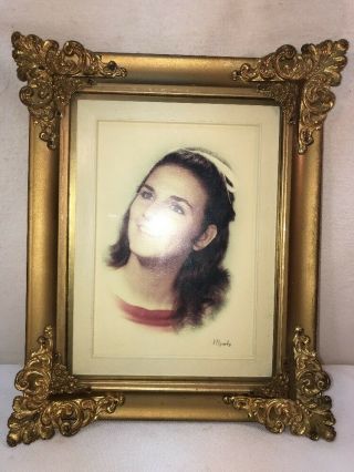 Vtg Mid - Century 60’s Ornate Gold Guild Wood Frame Young Woman Portrait 8”x6”
