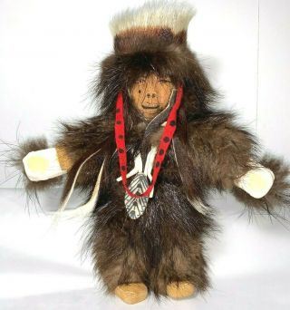 Alaska Eskimo Doll Indigenous Fur Clothing Carved Face Cultural Ornament 9 Inch