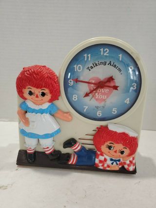 Vintage 1974 Equity Janex Raggedy Ann & Andy Talking Alarm Clock I Love You