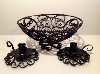 Vintage Wrought Iron 3 Pc Set Scroll Black Metal Fruit Bowl And Candle Holders