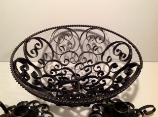 Vintage Wrought Iron 3 pc Set Scroll Black Metal Fruit Bowl and Candle holders 2