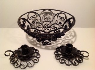 Vintage Wrought Iron 3 pc Set Scroll Black Metal Fruit Bowl and Candle holders 3