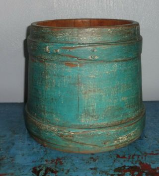 7 1/4 " Antique Firkin - Wooden Sugar Bucket - Blue Paint - Shaker Pantry Box - Primitive
