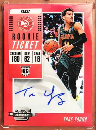 2018 - 19 Optic Contenders Trae Young Rc Rookie Ruby Red Prizm Auto /99