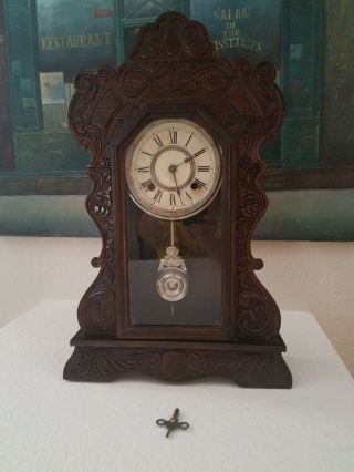 Antique Ansonia Clock Co Ny Dark Wood Regulator Shelf Mantel Clock W/key