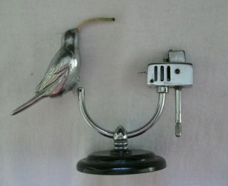 Very Rare Vintage Antique Chrome Figural Mechanical Bird Table Lighter Japan