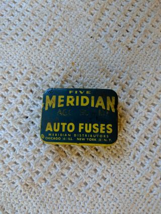 Vintage Meridian Glass Tube Auto Fuse Tin With Fuses,  Chicago,  York