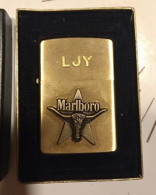 Vintage 1991 Brass Zippo Marlboro Longhorn Bull & Star Lighter Never Fired