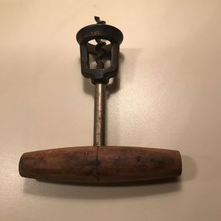 Antique Vtg Wine Corkscrew Bottle Opener Metal & Wood Handle Spring Assist Bar