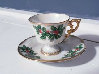 Vintage Ucagco Japan Iridescent Footed Tea Cup Saucer Set December Holly Berries