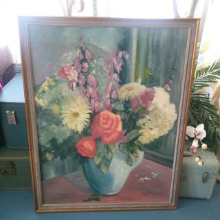 Large 23 X 30 Vintage Floral Oil Panting On Stretched Canvas Framed