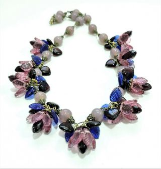 Vintage Pink Purple Blue Flowers Leaves Lampwork Art Glass Bead Necklace Se19421