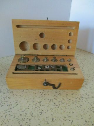 Vintage,  Apothecary Brass Scale Weight Set,  With 7 Plates,  Wood Box,  Hinged Lid