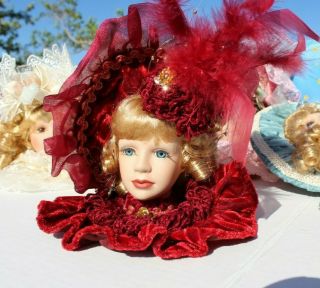 Dan Dee Vintage Porcelain Victorian Doll Head Christmas Ornament Burgundy