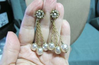 Vintage Signed Miriam Haskell Gold Tone & 3 Strand Faux Pear Dange Screw Earring