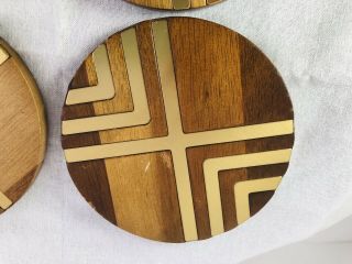 Vintage Mid Century Modern Wood Metal & Cork Bottom Coaster Set Of 4 2
