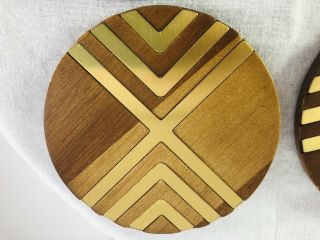 Vintage Mid Century Modern Wood Metal & Cork Bottom Coaster Set Of 4 3