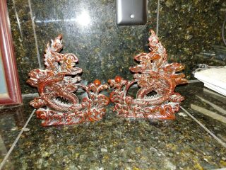 Set Of 2 Vintage Carved Resin Dragons Oriental Figurine Sculpture Dark Wood - Look