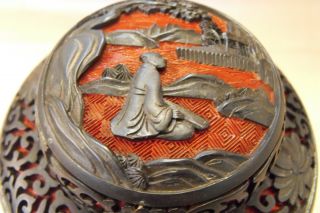 Chinese Carved Black Over Cinnabar Brass Enameled Tea Caddy Or Ginger Jar