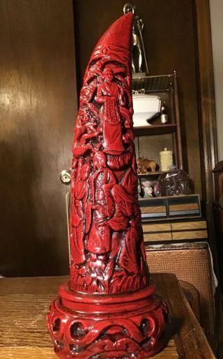 Antique Chinese Village Hand Carved Statue Sculpture Horn Tusk Red Glaze Italy