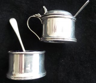 Vintage Sterling Silver Mustard Pot With Sterling Silver Salt Cellar Two Spoons
