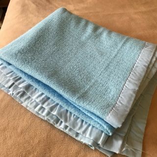 Vintage Blue Acrylic Blanket With Blue Satiny Nylon Binding 75 " X 91 " Unbranded