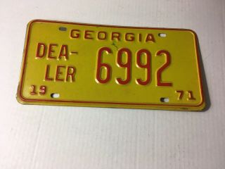 Vintage 1971 Ga.  Georgia Dealer License Plate Tag Yellow/red Letters 6992