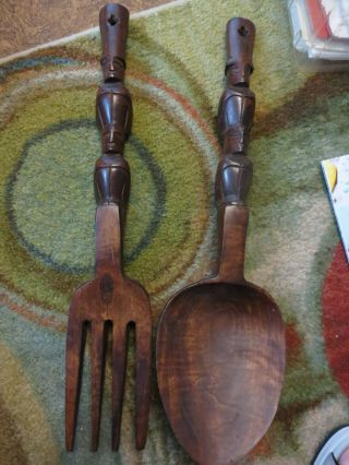 Wonderful Vintage Mid Century Wooden Tiki Totem Fork And Spoon Wall Art 20 "