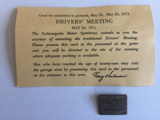 1972 Indianapolis 500 Pit Pass Pin And Drivers Meeting Invitation.