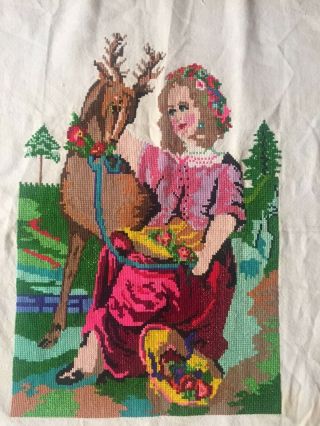 Vintage Ukrainian Embroidery Needlework Cloth Woman And Deer Floral Ethnic 3