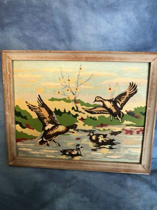 Cute Vintage 15 " X 12 " Mid Century Ducks On Pond Paint By Number Framed Painting