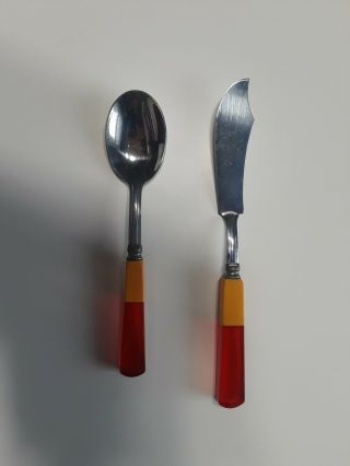 Butterscotch Bakelite And Cherry Lucite Butter Knife And Sugar Spoon