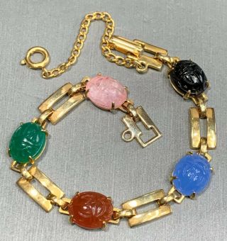 Vintage Multi Color Glass Scarab Beetle Egyptian Revival Gold Tone Bracelet 7 “