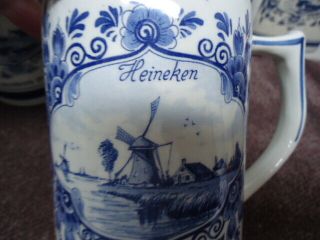 4 HEINEKEN Beer Mug Stein BLUE DELFT Handpainted HOLLAND Windmill SAILBOAT 2