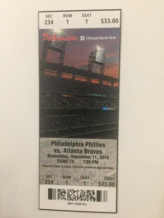 Philadelphia Phillies Vs Atlanta Braves September 11,  2019 Ticket Stub