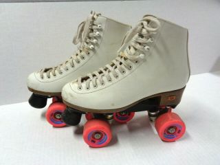 Vintage Riedell White Roller Skates Size 8 Pink Radar Zen Wheels Power - Dyne