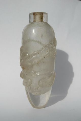 Antique Chinese 19th Century Carved Rock Crystal Snuff Bottle Chilong Dragon