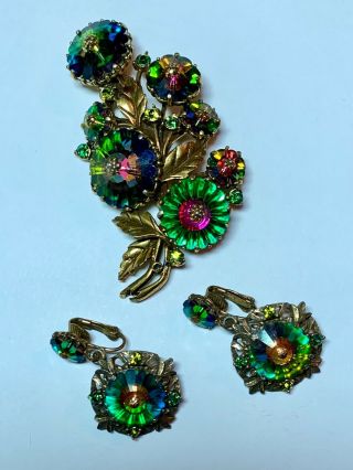 Stunning Vintage Weiss Flower Rhinestone Brooch Pin And Earring Set