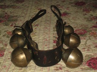 Antique Vtg 6 Large 3 " Brass Sleigh Bells Horse Cow Leather Hip Rump Strap