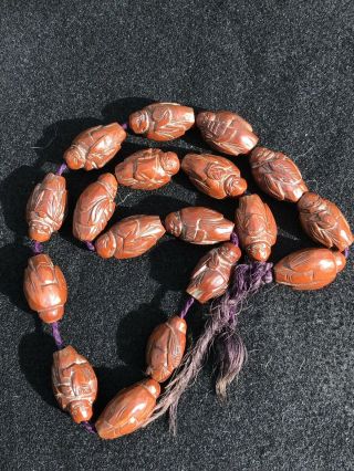 Chinese Hediao Carved Peach Stone Immortals Necklace Qing Dynasty 19th Century