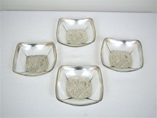 Vintage Georges Briard Glass Bowls With Silver Floral Motif Rim - Set Of 4 Signed