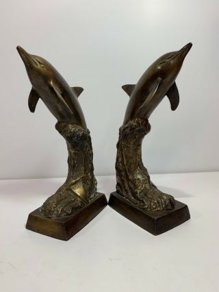 Vintage Pair Solid Brass Metal Dolphin Nautical Bookends Riding Waves